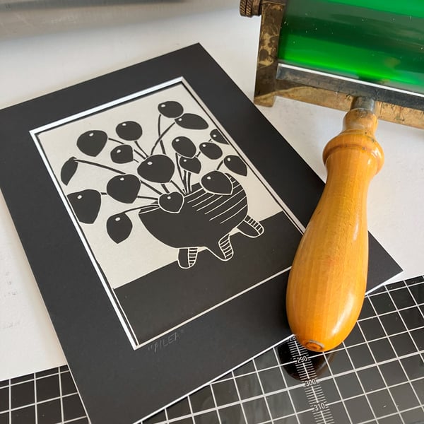 Lino Print - "Pilea" - Houseplants - Chinese Money Plant