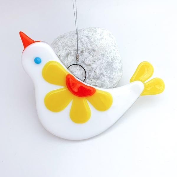 Fused Glass Yellow Bird Hanging  - Handmade Glass Decoration