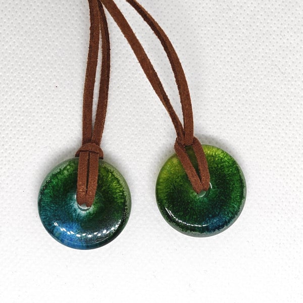 Yin Yang Resin Circle Necklace Set: Green Blue Gradient Boho Pendants