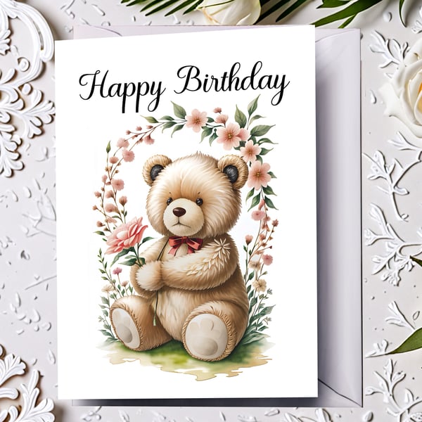 Happy Birthday Card with Teddy Bear Design  Size 5" x 7"