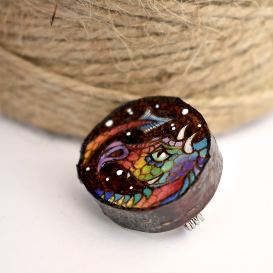 Happy rainbow dragon, wooden tree slice pyrography brooch. Rustic branch pin.