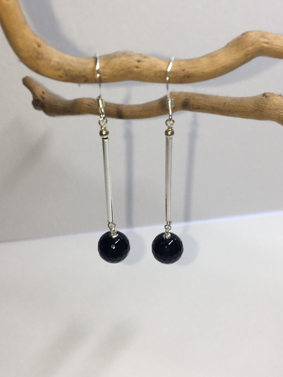 Black agate sterling silver drop earrings. Price reduced!