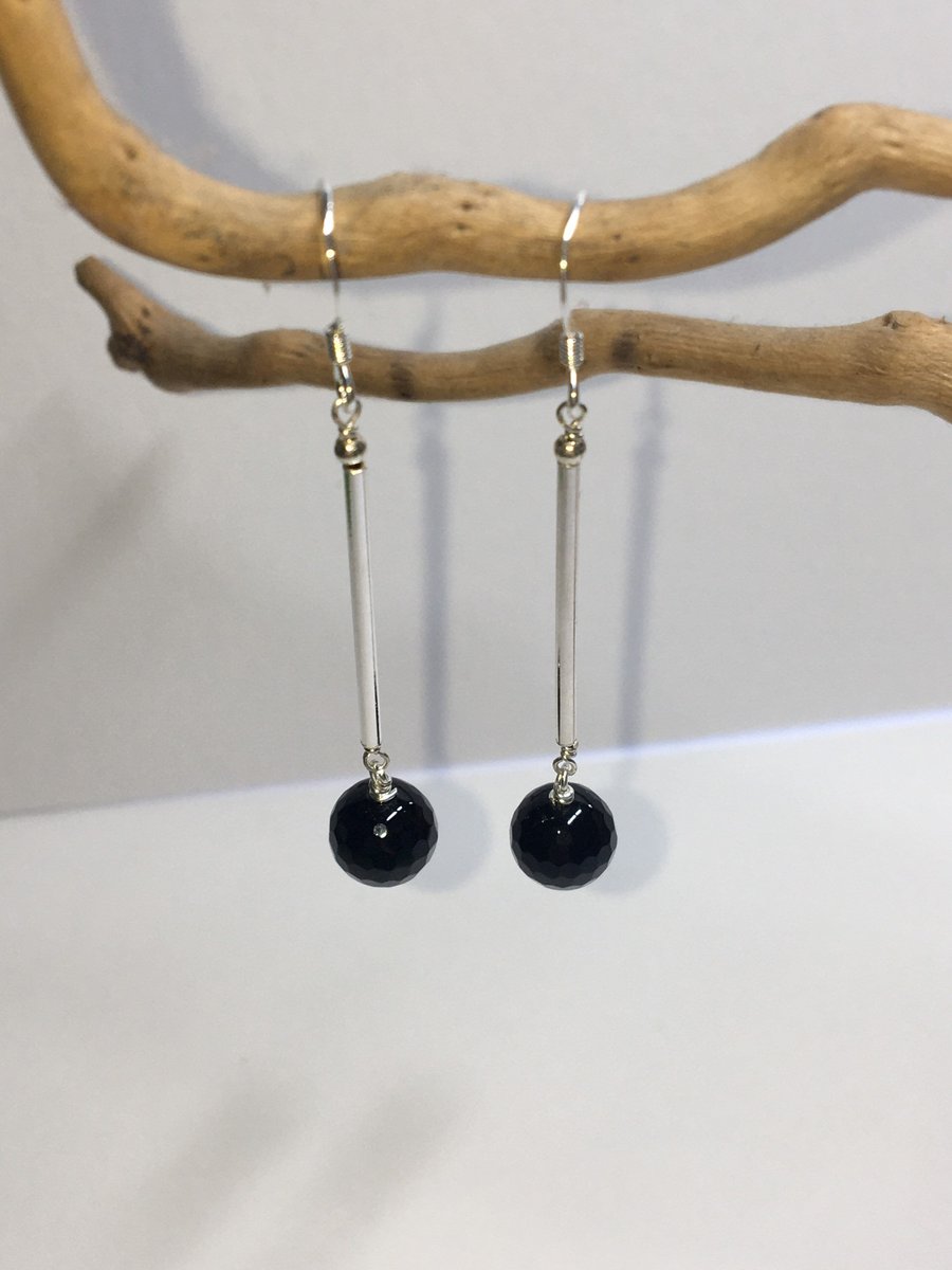 Black agate sterling silver drop earrings. 