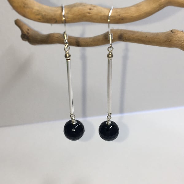 Black agate sterling silver drop earrings. 