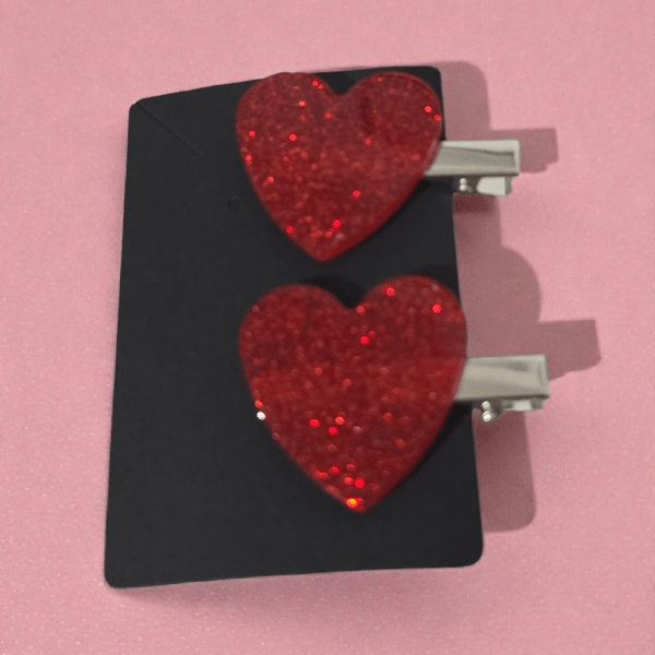 Red heart shaped hair clips set of 2