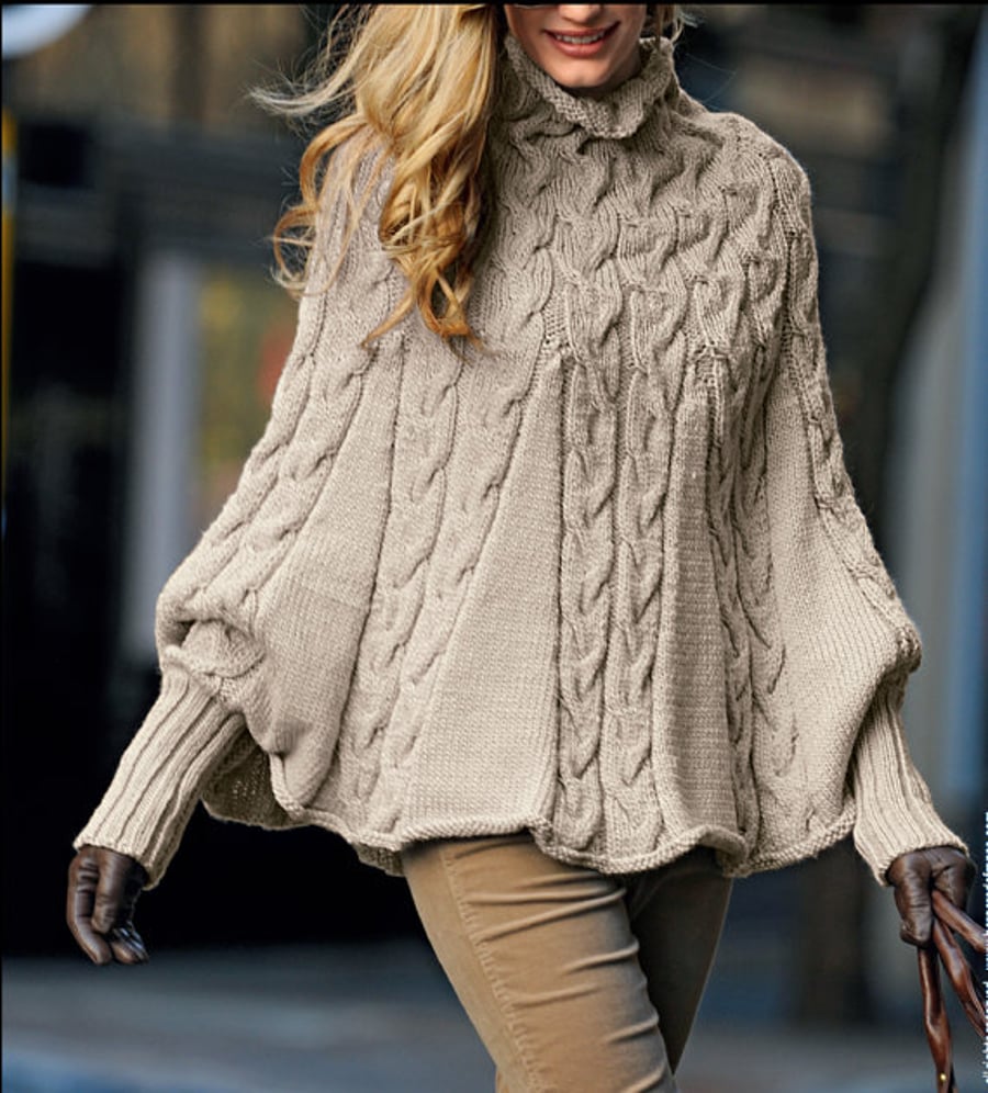 Hand knitted ladies poncho with sleeves and turtleneck small - xx large