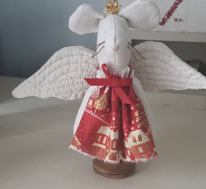 Cute Fabric Angel Mouse on a Vintage Bobbin 
