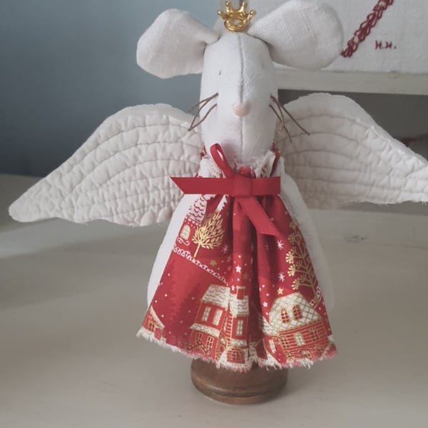 Cute Fabric Angel Mouse on a Vintage Bobbin 