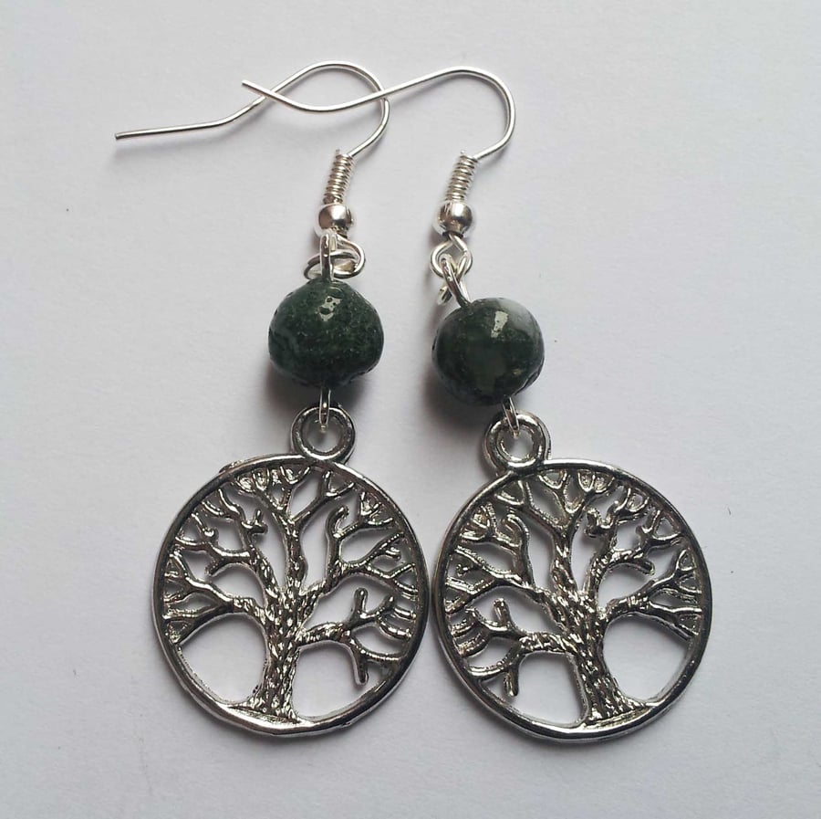 Silver Plate Green Moss Agate Round Tree of Knowledge Drop Dangle Earrings