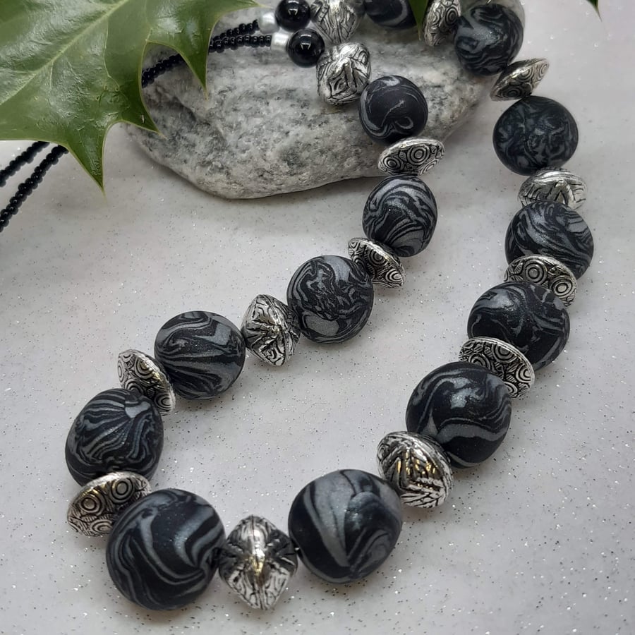 Handmade jewellery, black and silver statement necklace