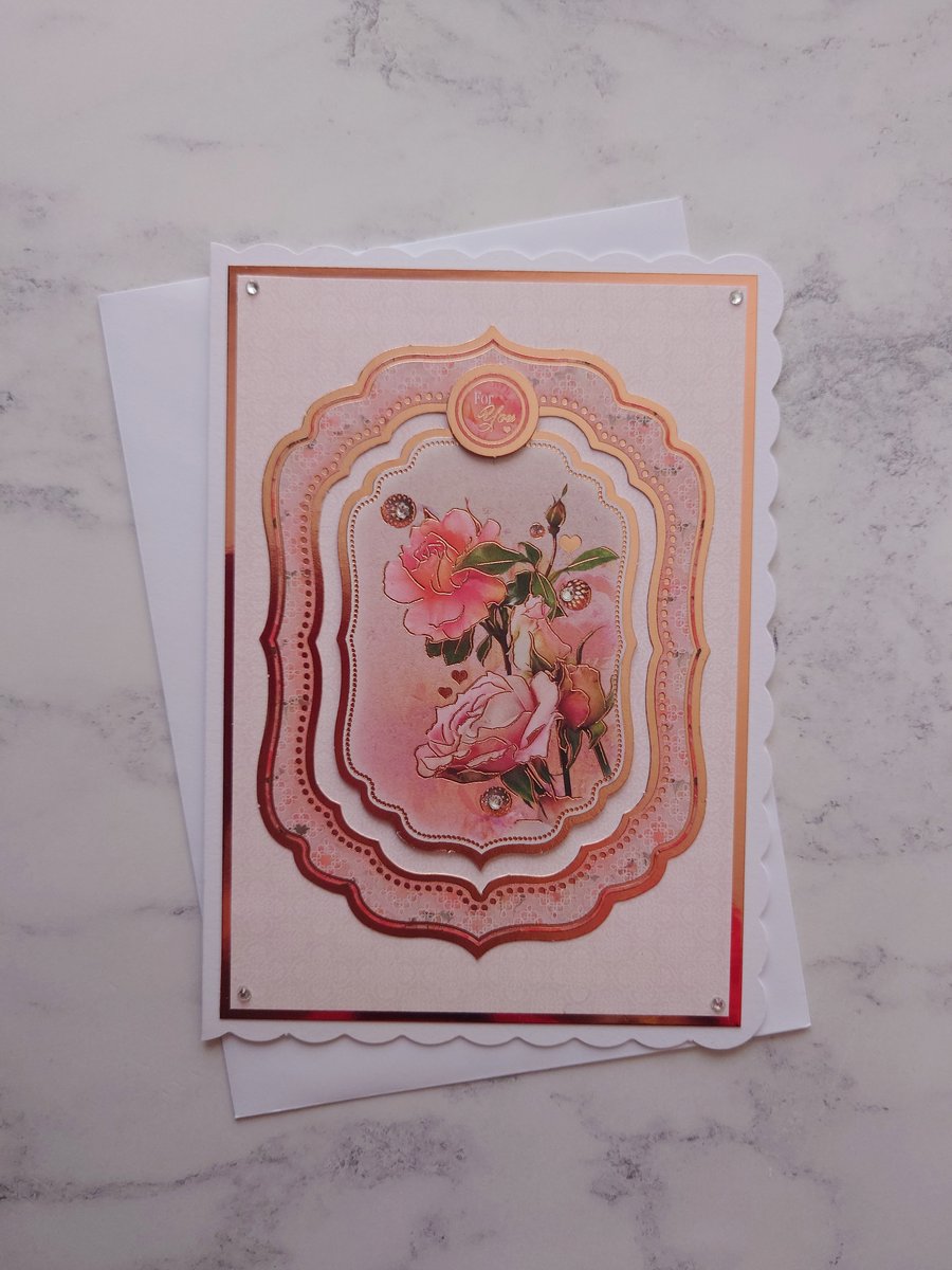 For You Vintage Rose Gold Flowers 3D Luxury Handmade Card