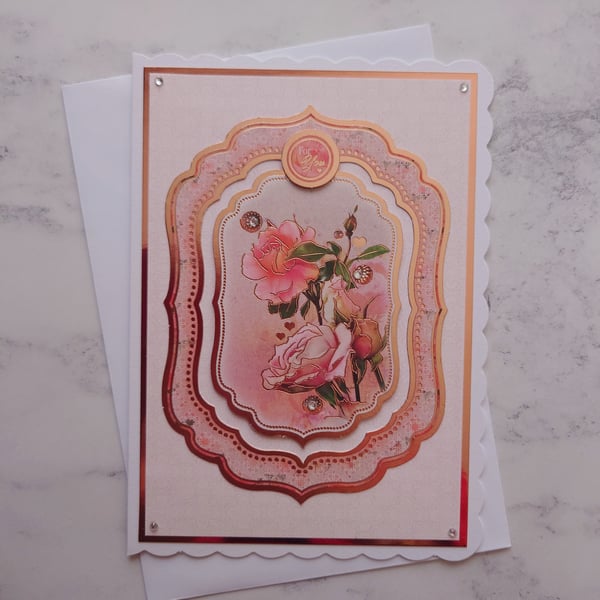 For You Vintage Rose Gold Flowers 3D Luxury Handmade Card
