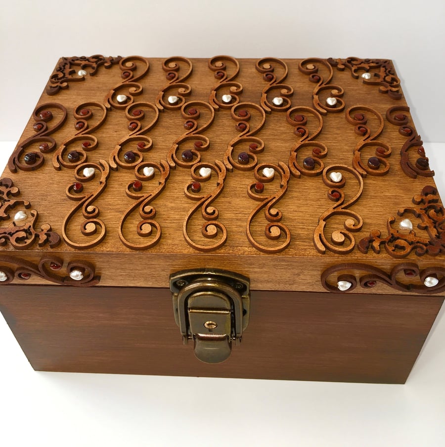 Unique LOCKABLE DELUXE WOODEN Aged BOX. One of a Kind. Swirl and Heart Pearls.