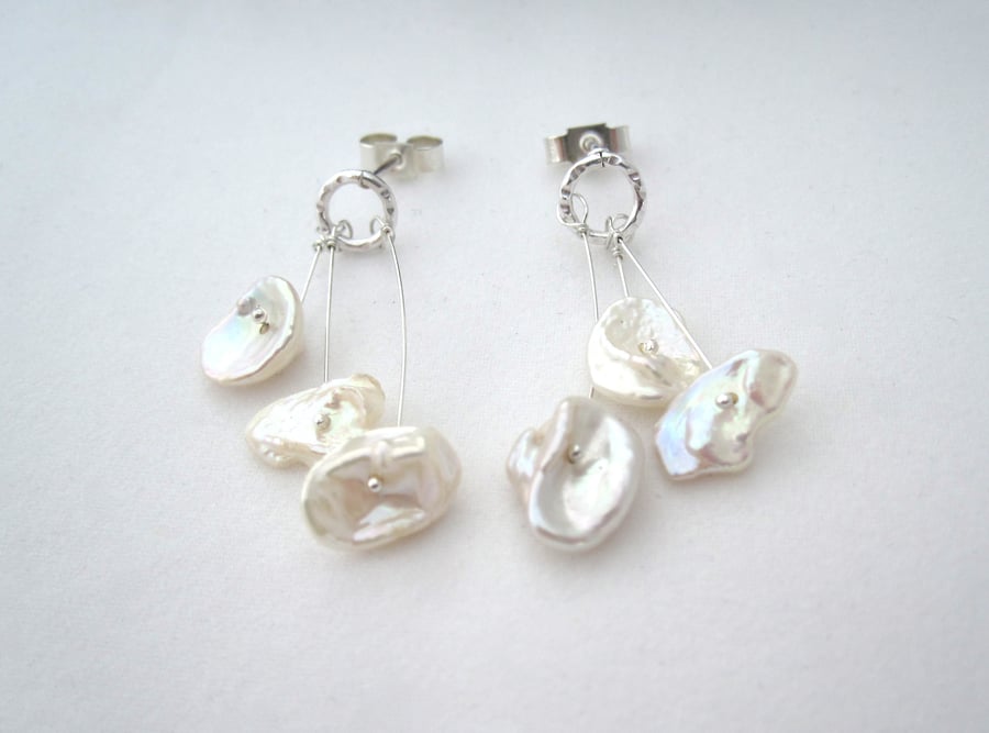 Pearl Earrings  -  Gentle Poppies Silver Drop Earrings, Freshwater Pearl.