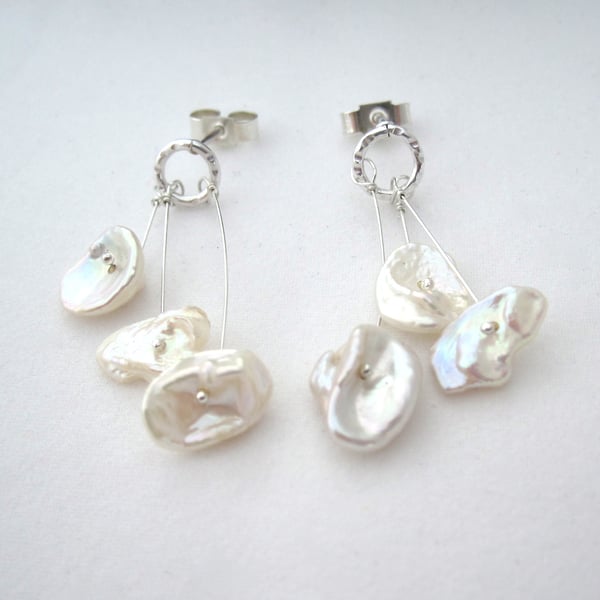 Pearl Earrings  -  Gentle Poppies Silver Drop Earrings, Freshwater Pearl.