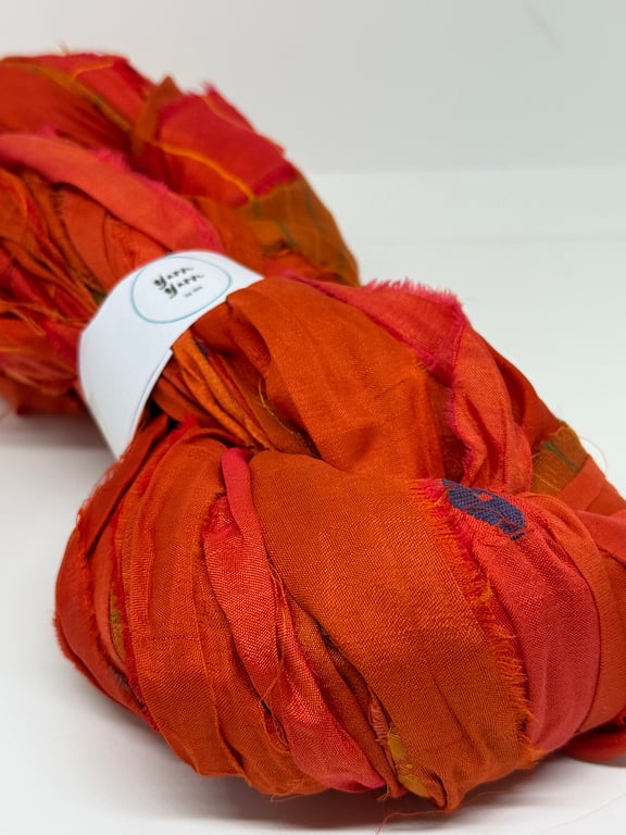 Sari silk ribbon in blood orange, weaving, fibre arts, 5m
