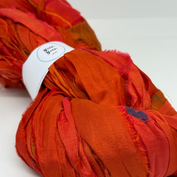 Sari silk ribbon in blood orange, weaving, fibre arts, 5m