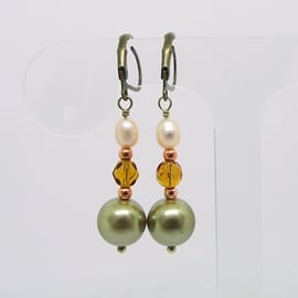 Green and ivory pearl earrings Vintage style art deco bronze amber glass