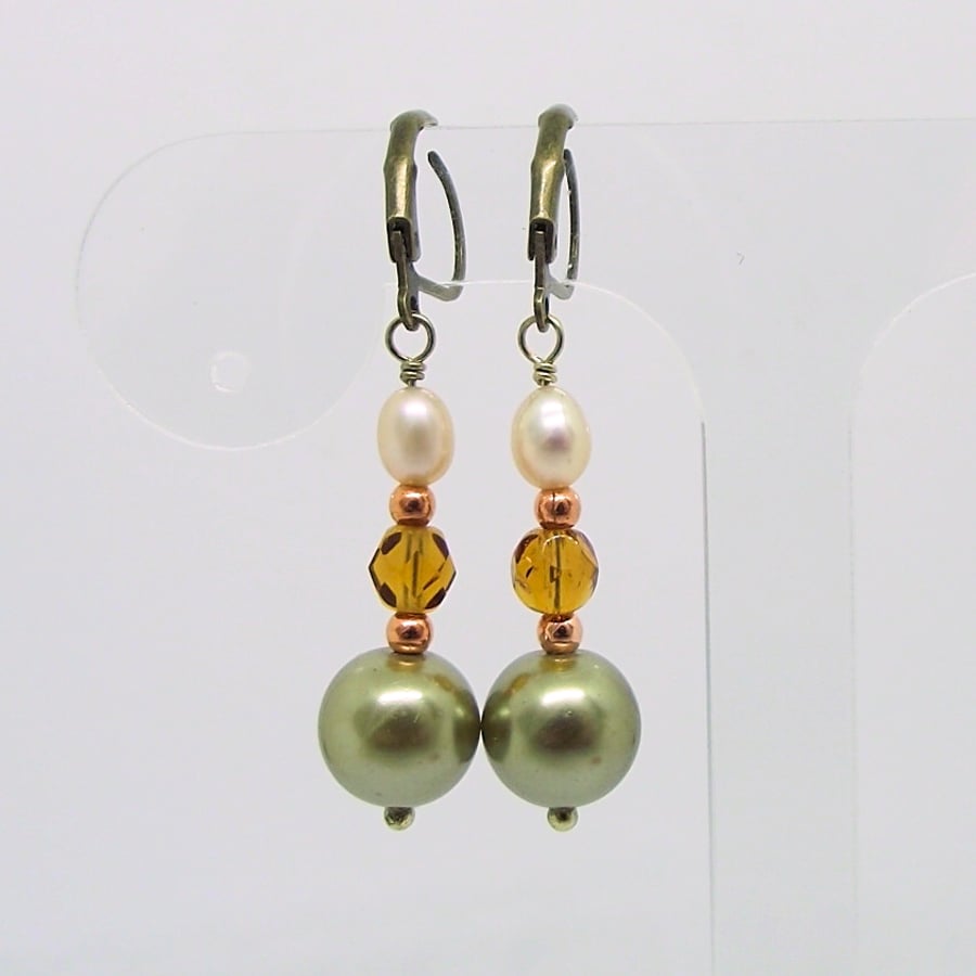 Green and ivory pearl earrings Vintage style art deco bronze amber glass