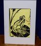 Lino print Frog on yellow paper with petal texture - Image 1