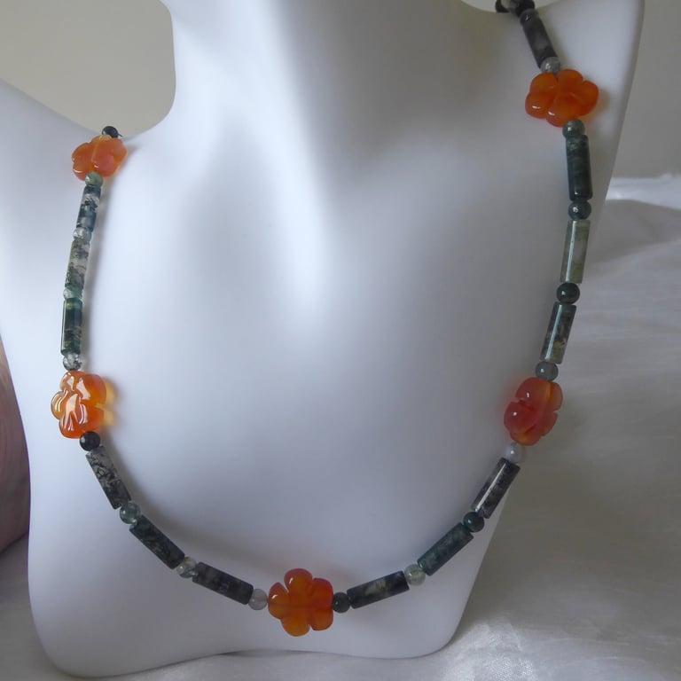 Moss Agate Beaded Necklace Featuring Red Agate Flowers & Sterling Silver Clasp
