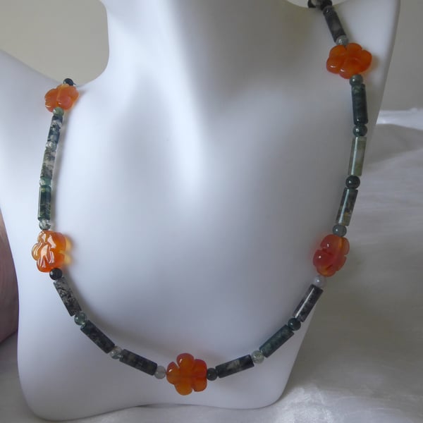 Moss Agate Beaded Necklace Featuring Red Agate Flowers & Sterling Silver Clasp