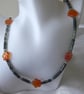 Moss Agate Beaded Necklace Featuring Red Agate Flowers & Sterling Silver Clasp