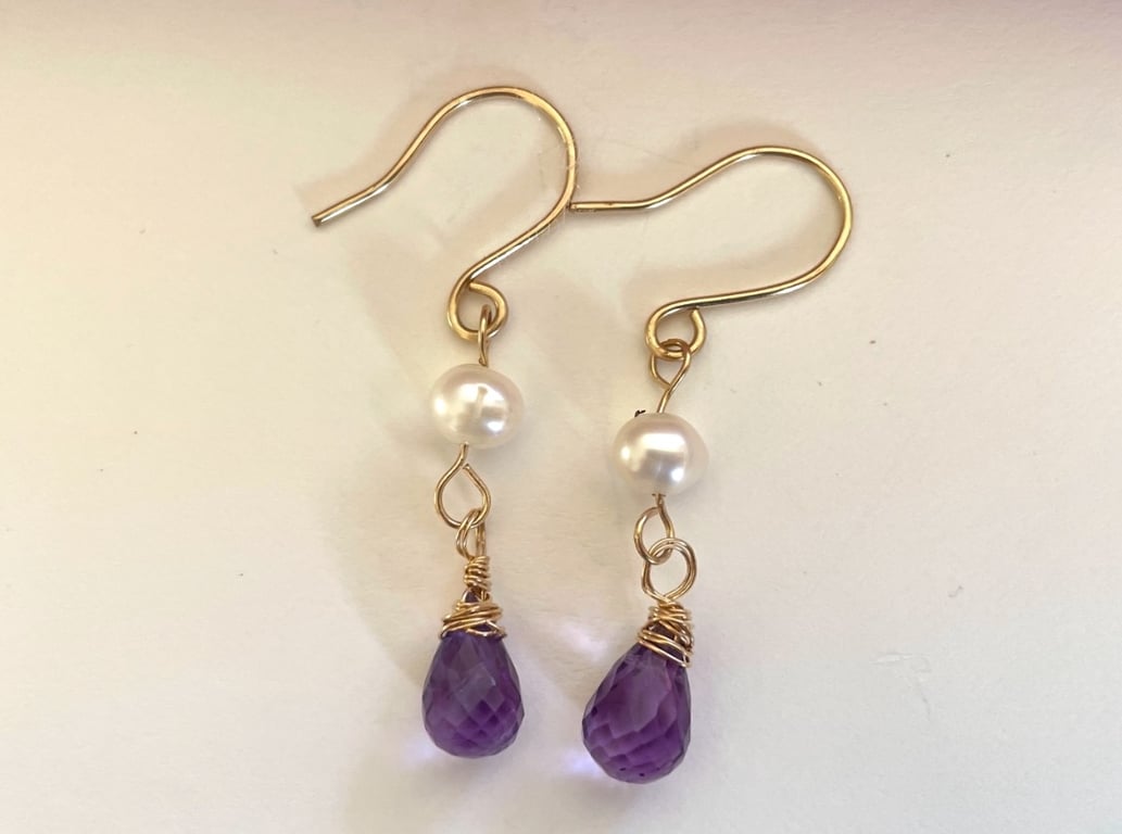 Amethyst, Pearl and Gold Drop Earrings 