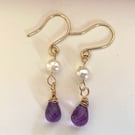 Amethyst, Pearl and Gold Drop Earrings 