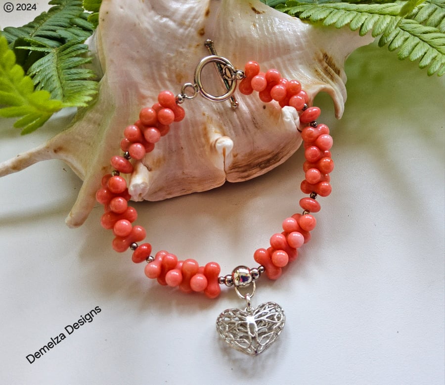 Eco Bamboo Peach Coral Heart Sterling Silver Bracelet