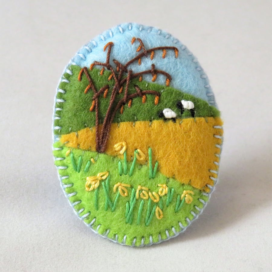 Daffodils and Sheep - Embroidered Felt brooch