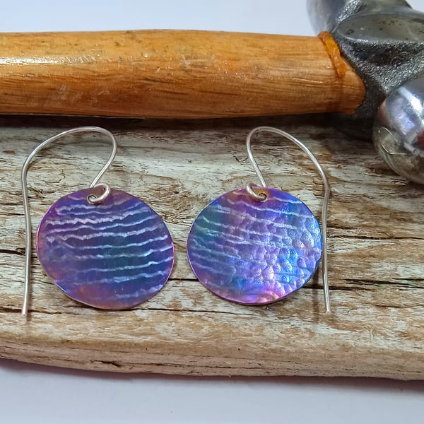 Coloured Titanium Hammered Disc Earrings - UK Free Post