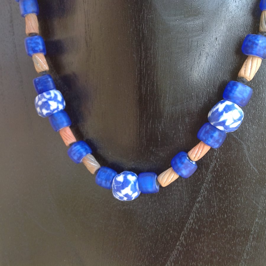 Blue beaded necklace with chunky African glass and handmade clay beads