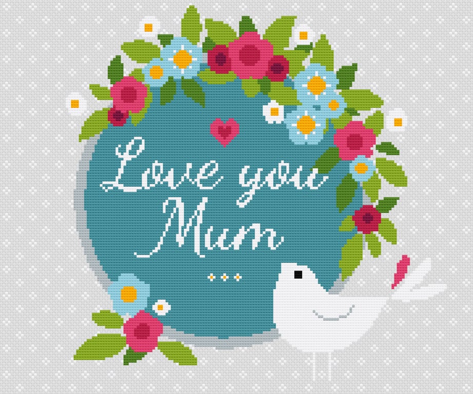 232 - Mother's Day Cross Stitch Pattern: Love You Mum, Floral Bird (PDF Chart) 