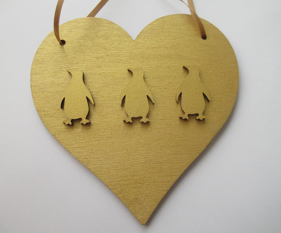 Penguin Christmas Decoration Gold Hanging Heart