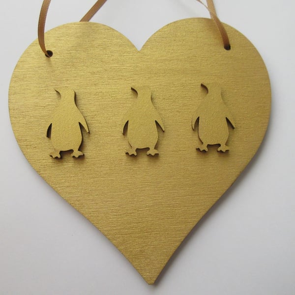 Penguin Christmas Decoration Gold Hanging Heart