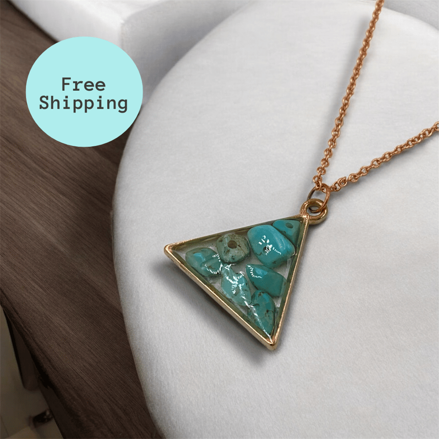 Magnesite Rose Gold plated Triangle Worry Stone Pendant Necklace - Free Postage