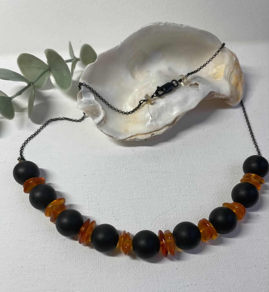 Matt black onyx and amber necklace