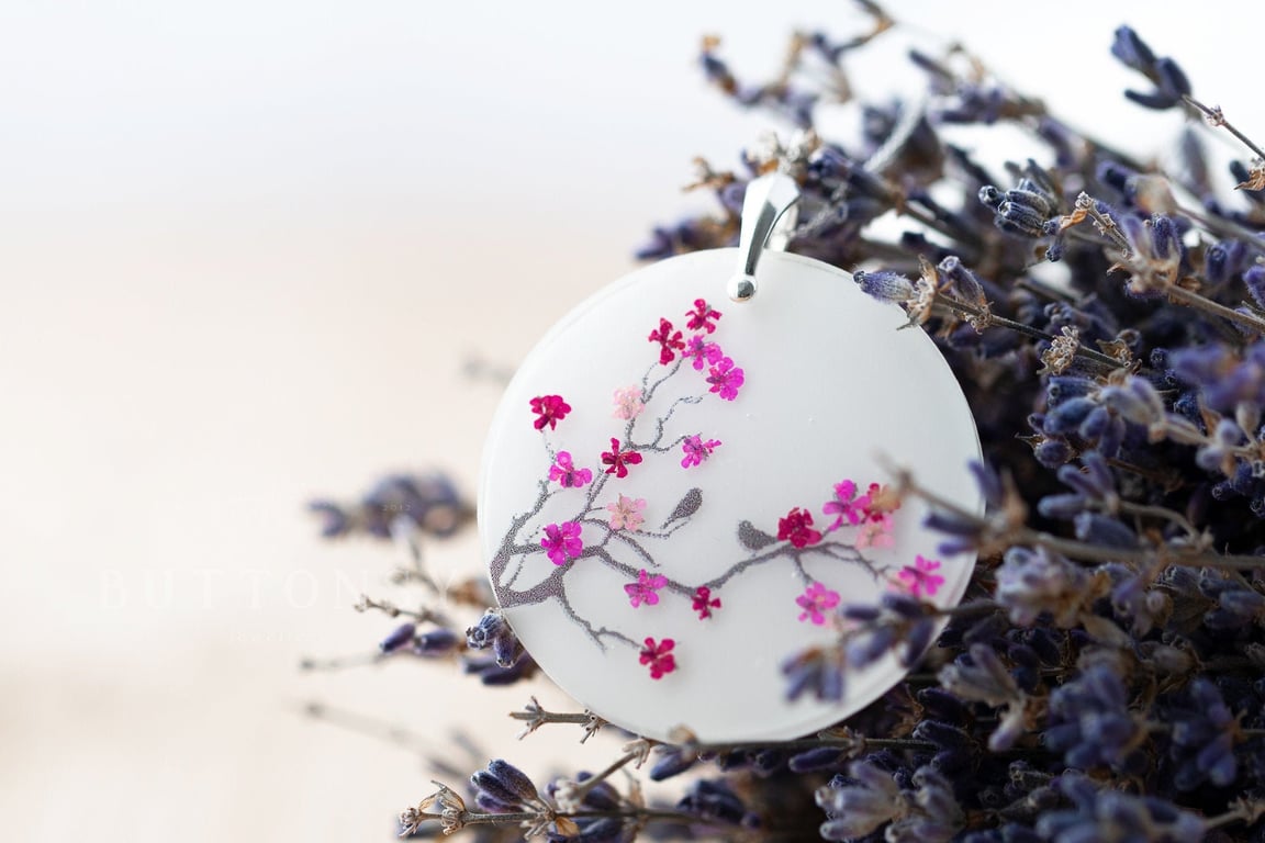 Real Flower Birds in a Blossom Tree Necklace Bird Necklace Botanical Jewelry Pre