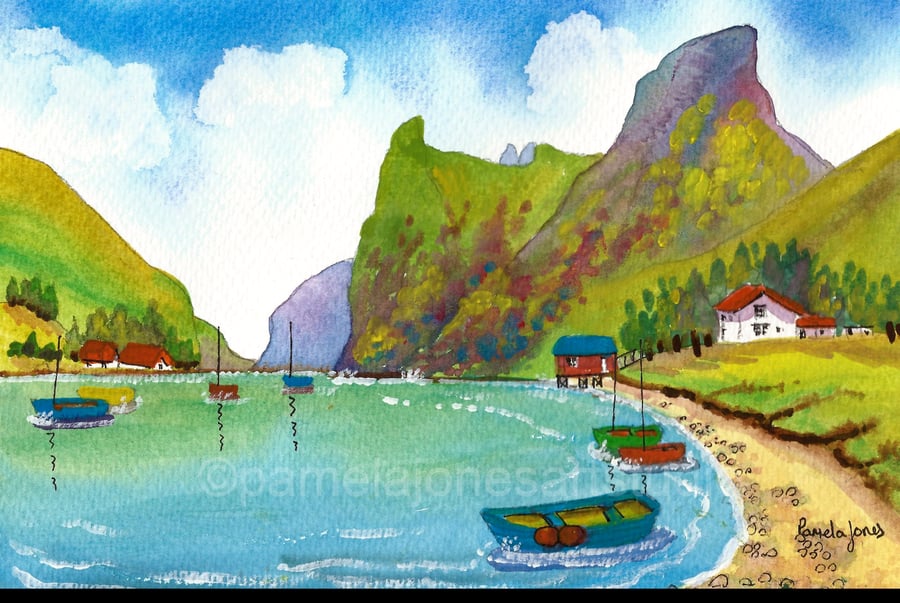 Boats, Fjord, Norway, Original Watercolour, in 14 x 11 '' Mount, Home Decor