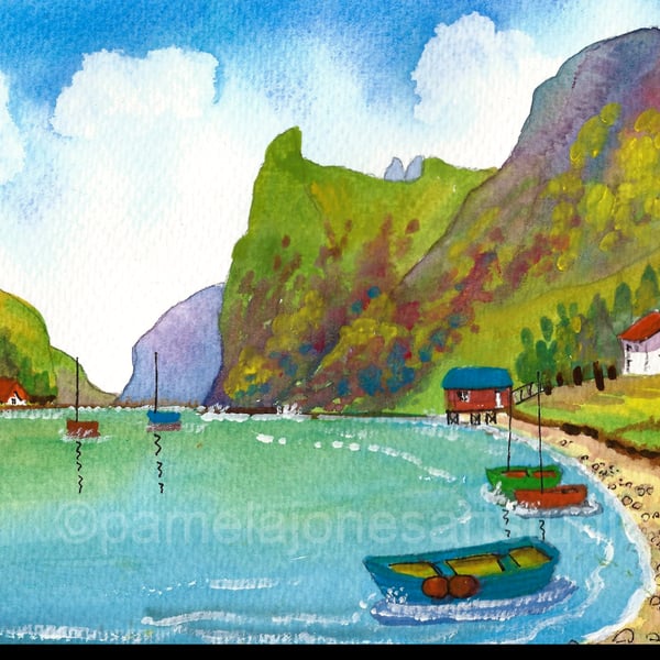 Boats, Fjord, Norway, Original Watercolour, in 14 x 11 '' Mount, Home Decor
