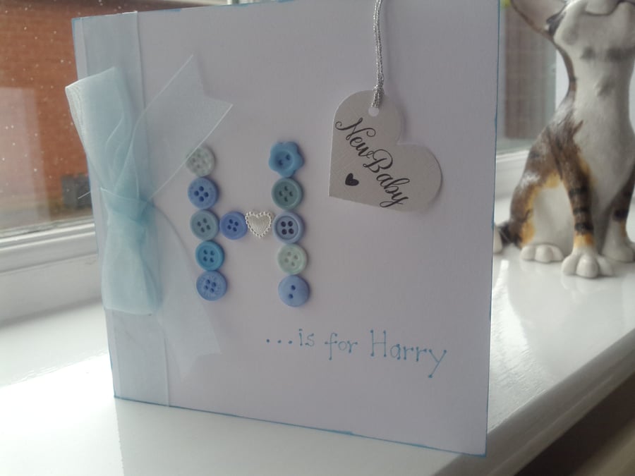 Cute button new baby boy card personalised