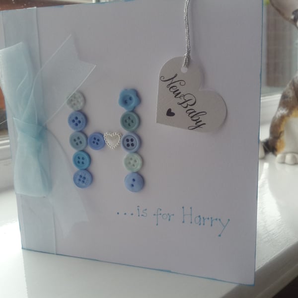 Cute button new baby boy card personalised