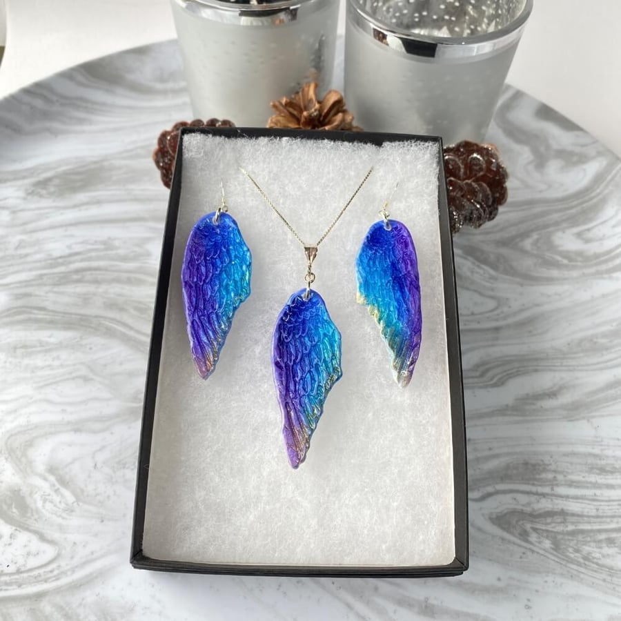 Angel wing feather gift set hand painted polymer clay and resin.