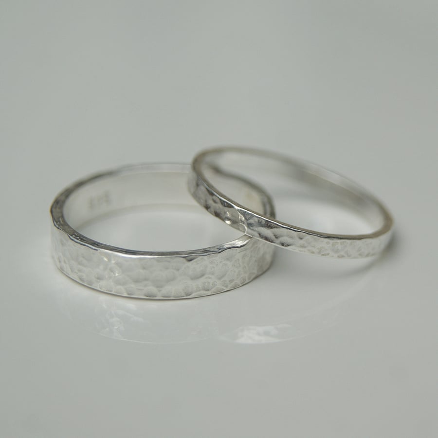 Set of 2 Silver Wedding Bands, Matching Sterling Silver Rings