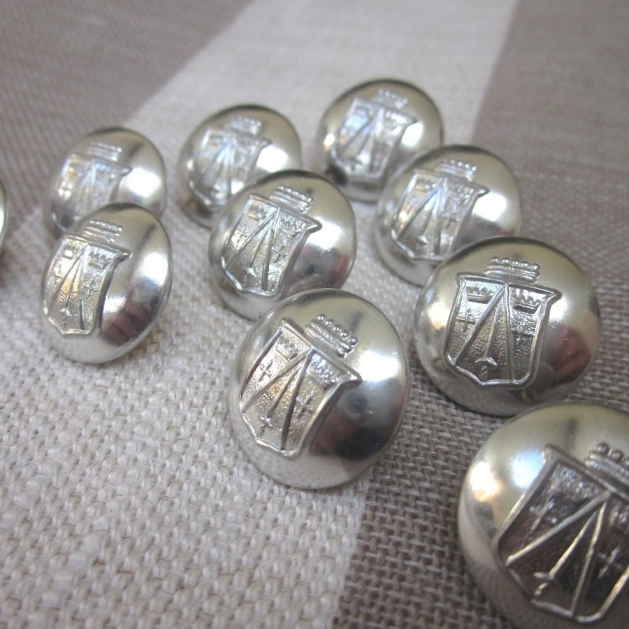 10 Silver Bright Shield Boss Metal Shank Buttons