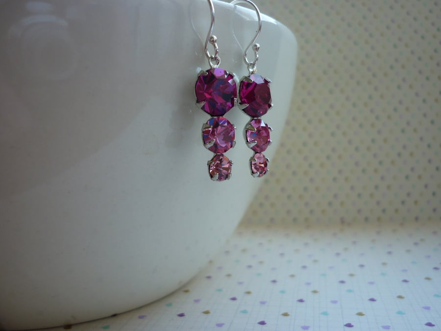 FUSCHIA, ROSE, LIGHT ROSE AND STERLING SILVER VINTAGE STYLE EARRINGS.  1059