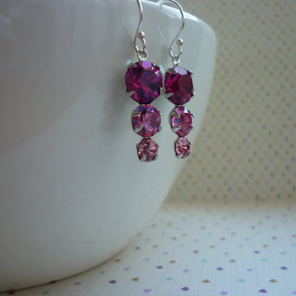 FUSCHIA, ROSE, LIGHT ROSE AND STERLING SILVER VINTAGE STYLE EARRINGS.  1059