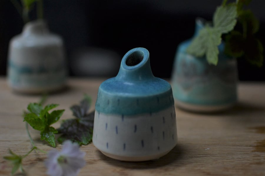 Small Solstice Ceramic Bottle Bud Vase- Beautifully glazed in turquoise & white 