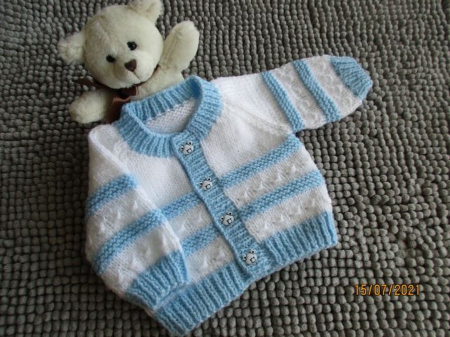 14" White & Blue Newborn Cardigan